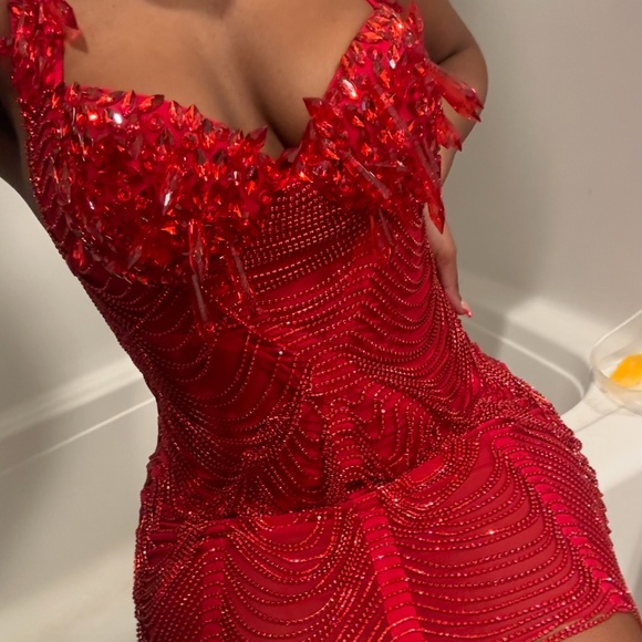 portia and scarlett dress Red Rhinestone Strapless Quinceañera Ball Gown Dress – QC008 – Viniodress main image 0